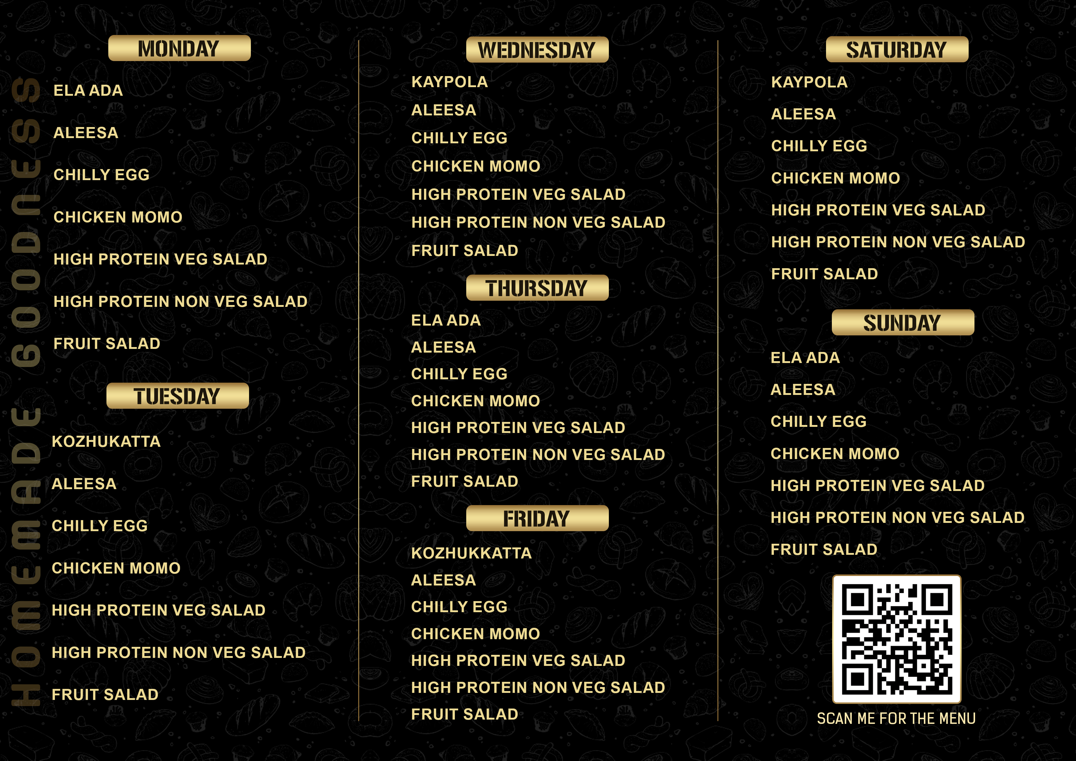Karakka Foods weekly menu — full list of homemade dishes served Monday through Sunday, including Ela Ada, Aleesa, Kozhukatta, Kaypola, Chilly Egg, Chicken Momo, and salads